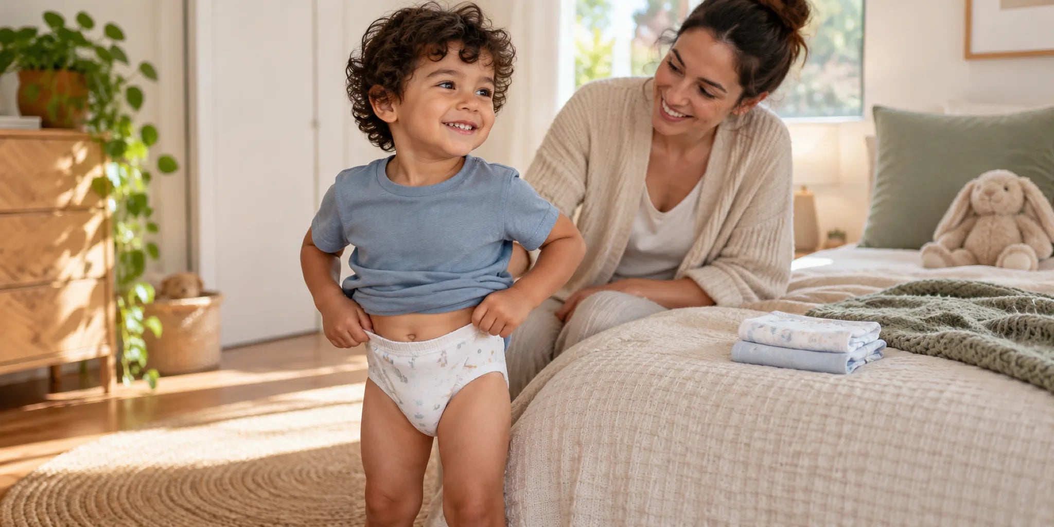 Child getting dressed in a bright bedroom for the Kids Training Pants collection