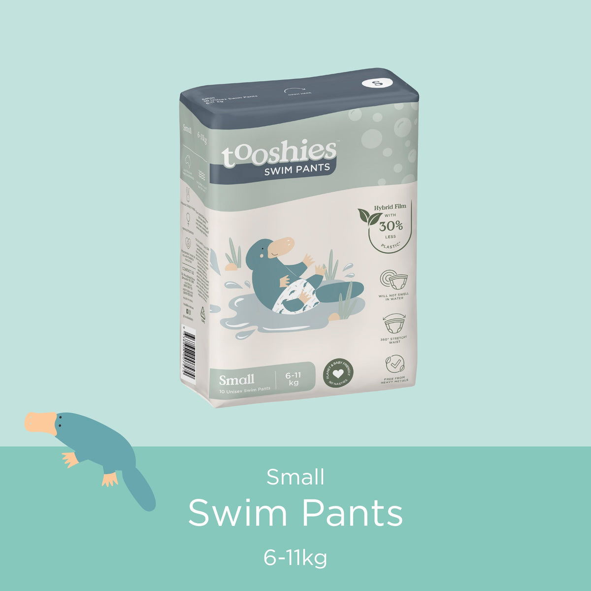 Official Tooshies ECO Swim Pants Small, Platypus print, for 6–11 kg