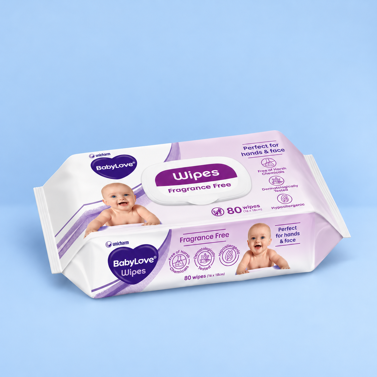 BabyLove fragrance-free baby wipes, 80-pack, angled view