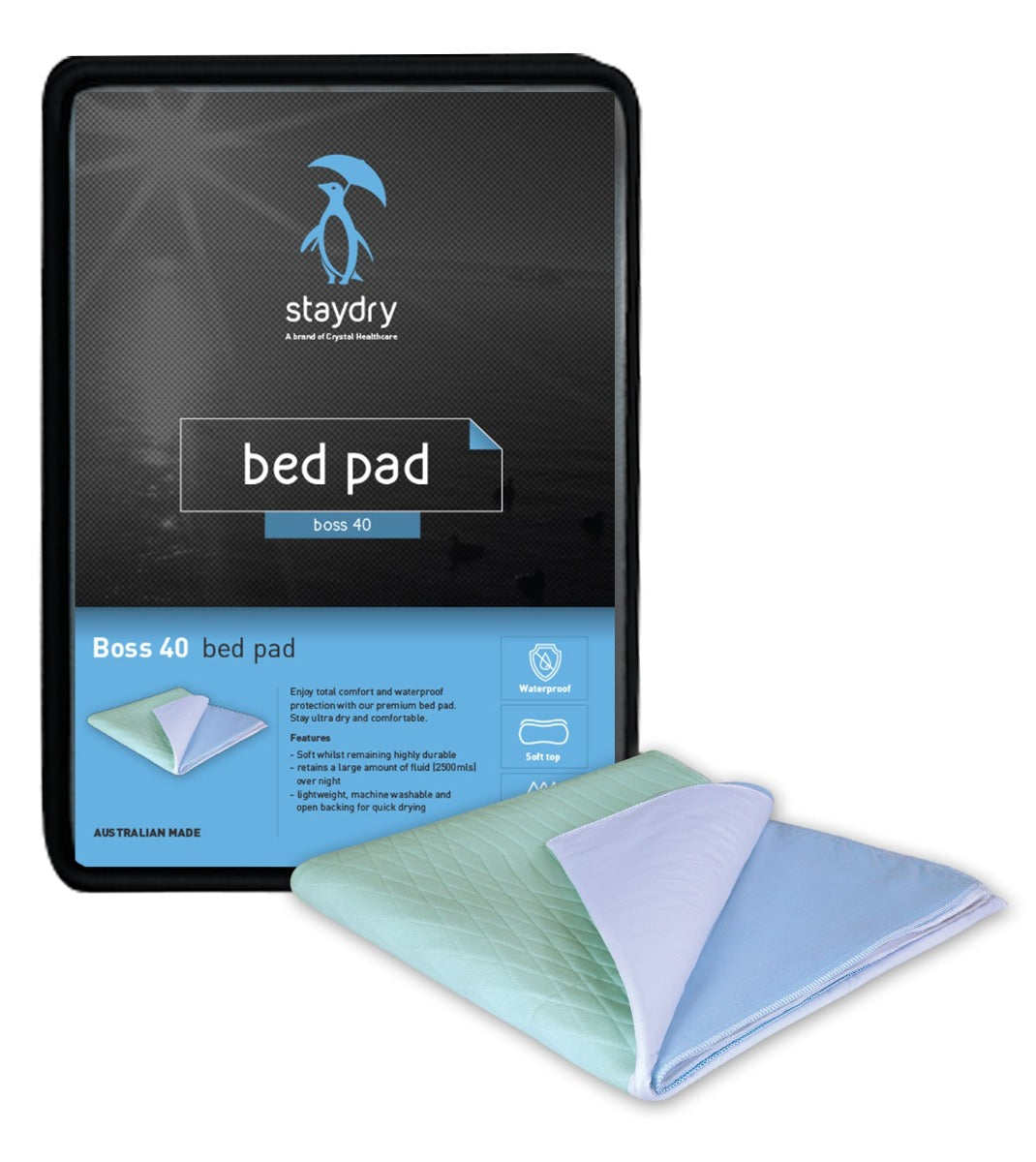 Staydry Bedpad Boss 40 With Wings Queen 90X142cm 2500ml Aqua