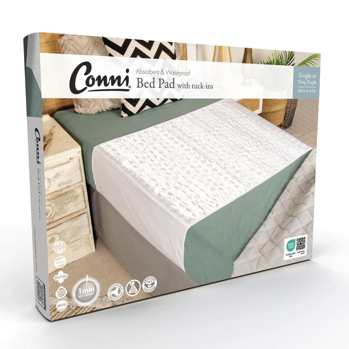 Satin-Glide Bed Pad With Tuck-Ins White 100x100cm CST-100100-BP-1WH Conni