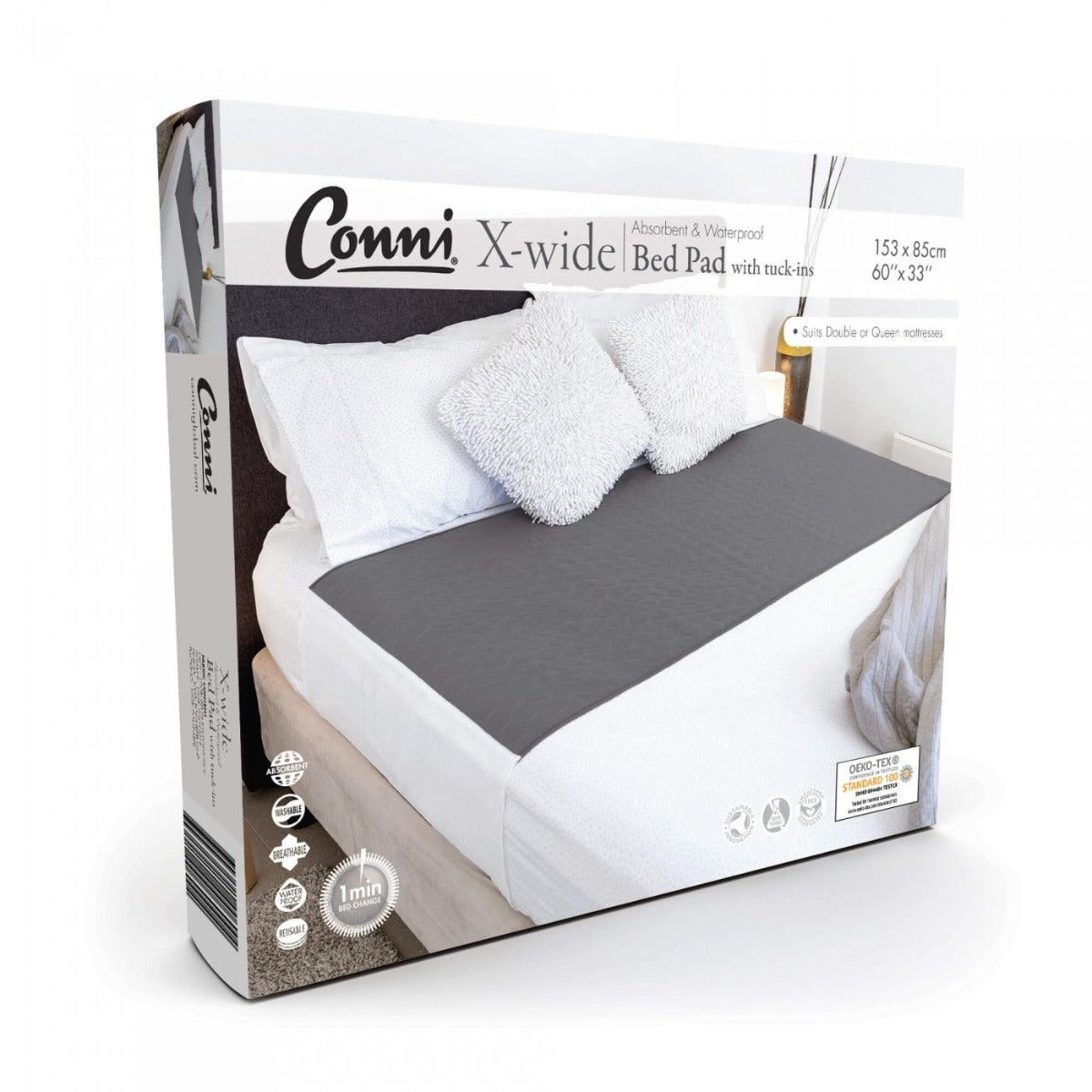 Conni X-wide Reusable 153x85cm Charcoal Bed Pad with Tuck-ins 2500ml