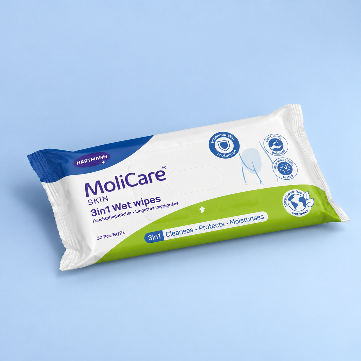 MoliCare Skin 3-in-1 wet wipes, 30-pack, angled view