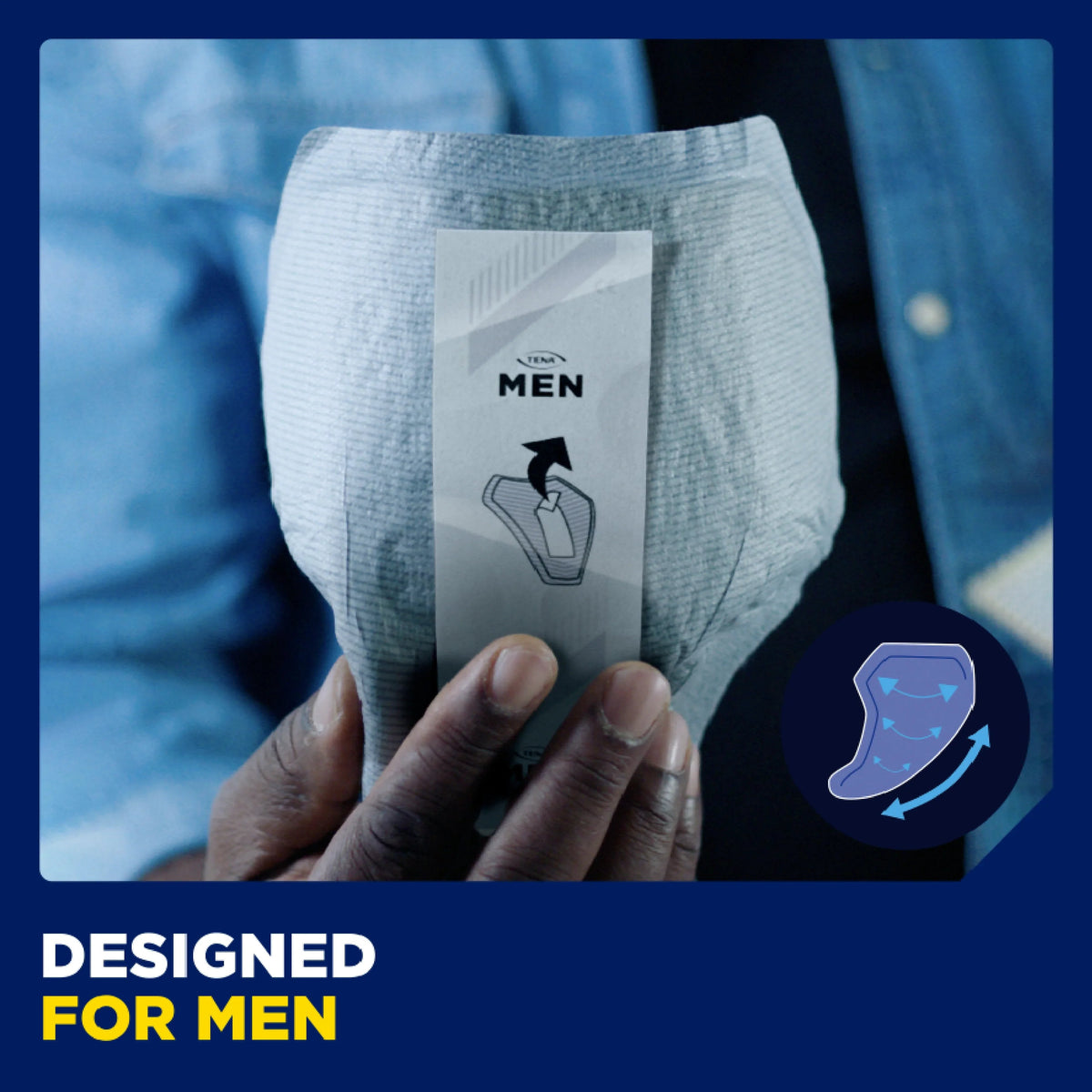 Rear of a TENA Men guard showing the adhesive backing strip