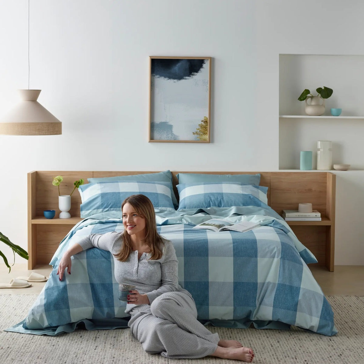 Staydry Waterproof Quilt Cover Set Blue Check Queen  STAYWPQCBLQB